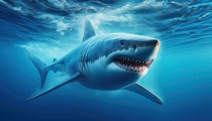 A great white shark swimming in deep blue water, showcasing its powerful presence.