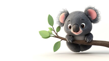 Cute Cartoon Koala Bear Holding a Branch with Green Leaves