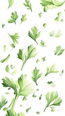 Falling celery leaves isolated on a white background highly detailed realistic render for healthy food and organic products visuals. Generative AI