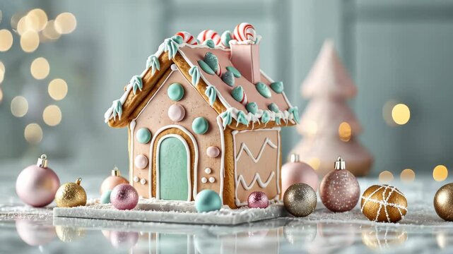 Pastel-colored gingerbread house with geometric patterns, placed on a marble surface for a calm and trendy holiday atmosphere. Gingerbread house, New Year, Christmas
