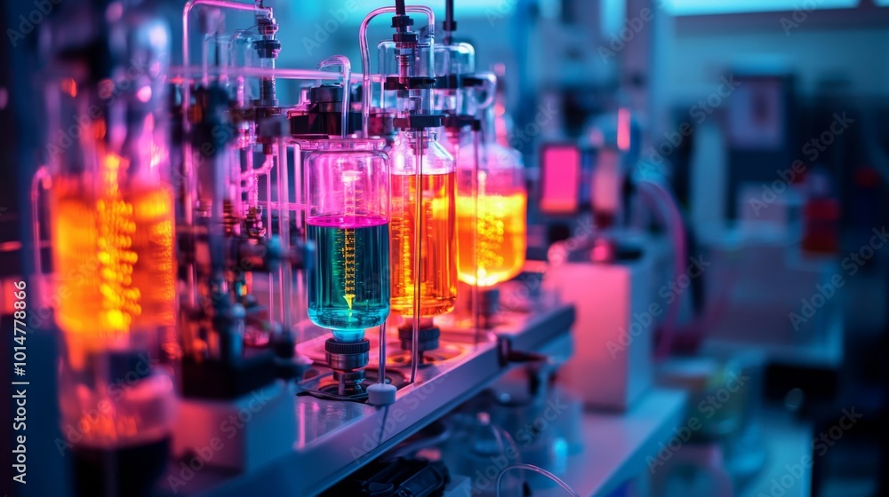Poster A variety of glass flasks and beakers filled with vibrant liquids are placed on a laboratory table, illuminated by blue and purple lights. The setting suggests active experimentation in chemistry.