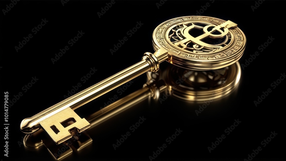 Poster a golden key designed with intricate patterns, reflecting light against a dark background.