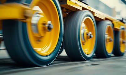 Close-up of Yellow Wheels on a Moving Trailer