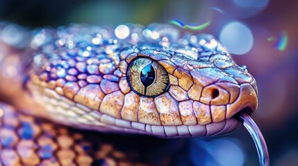 Fototapeta premium A close-up of a colorful snake's head, showcasing its intricate scales and striking eye.