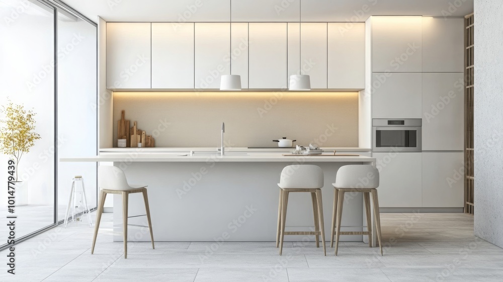 Poster a spacious kitchen with white cabinets and a large island. the island has a white countertop and thr