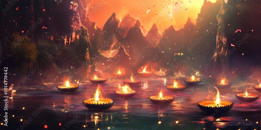 Poster Diwali diyas in a surreal, magical landscape