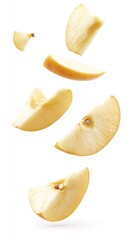 Naklejka premium Golden French Apple Slices Falling on a White Background Realistic Fresh Food Concept. Generative AI