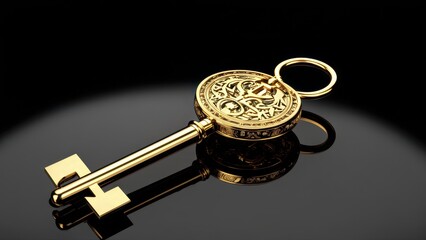 A golden ornate key with intricate designs, resting on a reflective surface.