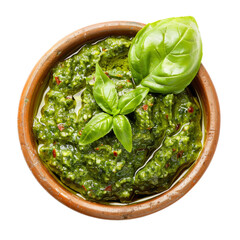 Fresh Basil Pesto Sauce in a Brown Dish with Basil Leaves on Top