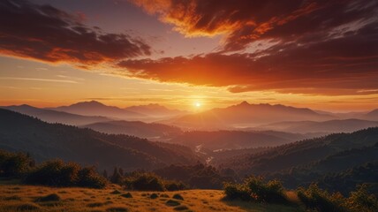 Obraz premium Realistic illustration of a sunrise landscape behind the mountains with beautiful orange light in the sky that is pleasing to the eye