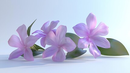 Obraz premium Delicate Pink Flowers with Green Leaves on White Background
