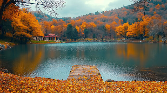 autumn landscape. View of the lake in the fall season. yellowed leaves and defoliation. colorful scenery of autumn. Yedigoller, Bolu. Turkey

