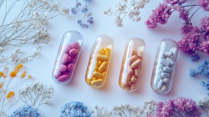 Colorful medical capsules and tablets arranged on a white background representing a variety of medicines and supplements for health and wellness themes.. Generative AI