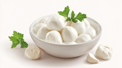Fresh mozzarella cheese balls in a white bowl garnished with parsley isolated on a white background realistic food styling. Generative AI