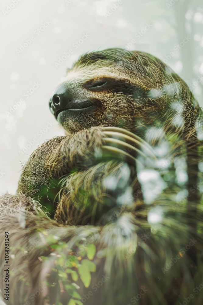 Poster a sloth is curled up in a tree. the sloth is resting and he is in a peaceful state