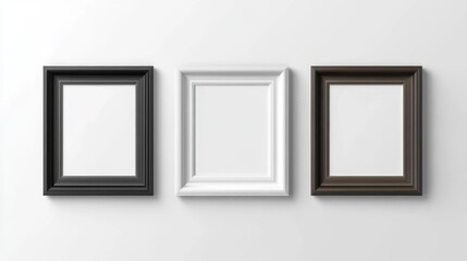 Picture Frames in Black White and Brown on White Background Realistic Minimalistic Design Set of Three Frames Clean and Elegant. Generative AI
