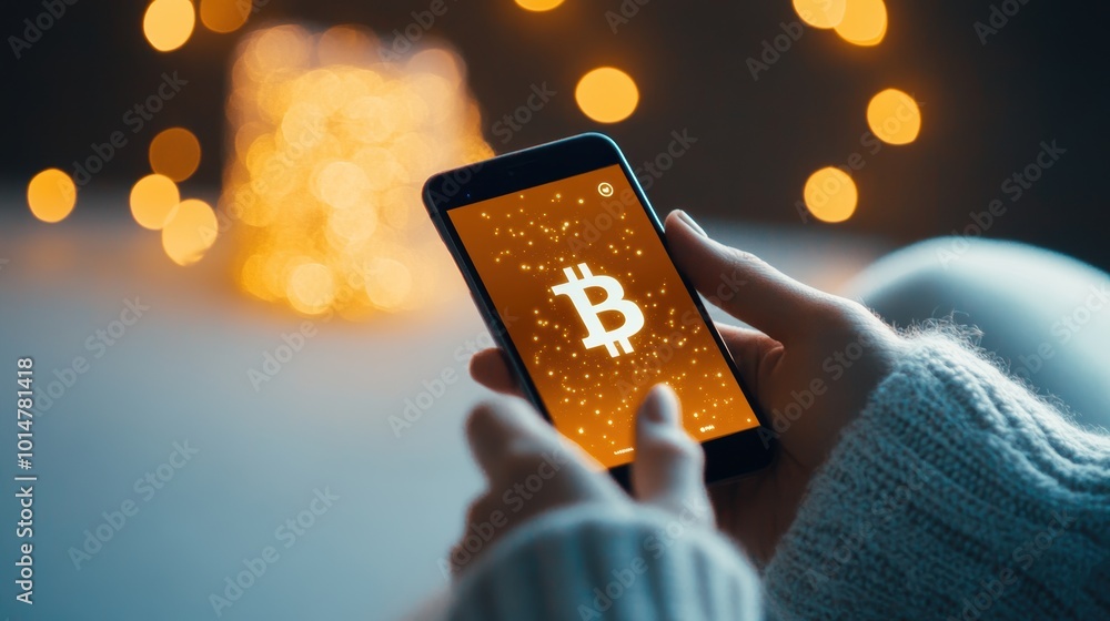 Poster a hand holding a smartphone displaying a cryptocurrency exchange app, with a bitcoin symbol in the b