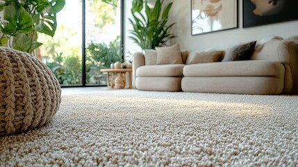 Fluffy carpet and stylish furniture on floor indoors, low angle view