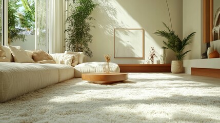 Fluffy carpet and stylish furniture on floor indoors, low angle view