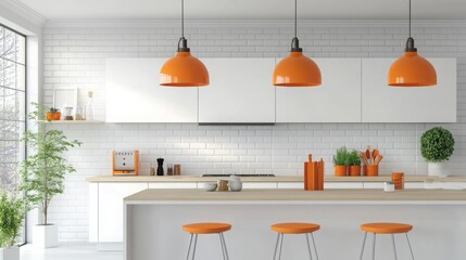 A sleek kitchen showcases white cabinetry with orange accessories, enhancing the bright atmosphere....