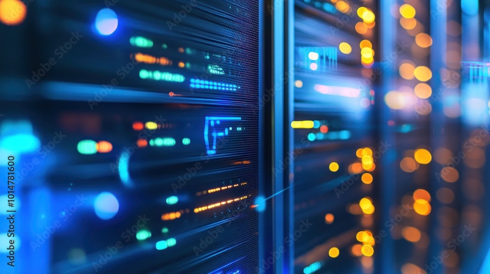 Poster a close-up view of illuminated server racks in a data center.