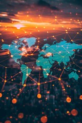 Image of A vibrant depiction of global network connections with a world map and glowing nodes, set against a stunning sunset backdrop. printed on Printed Aluminium Shower Panels