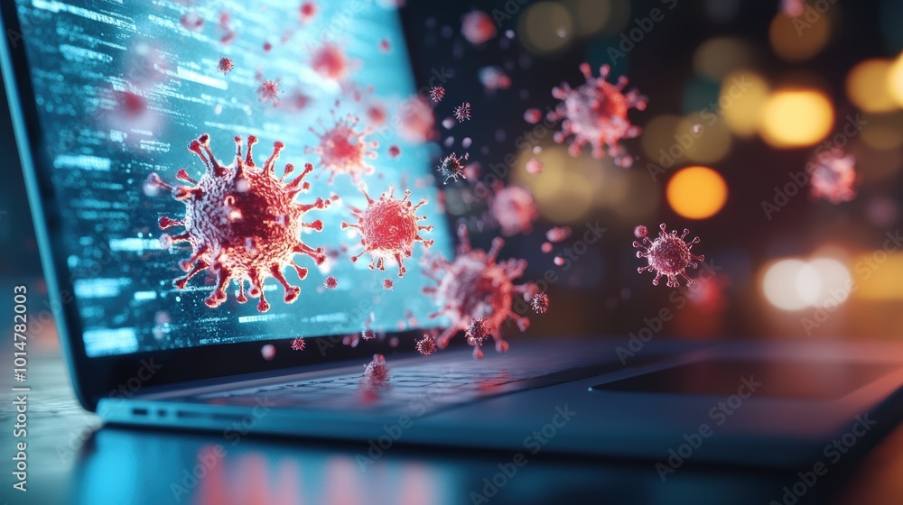 Poster a digital shield protecting a computer screen from a swarm of malicious viruses and malware.