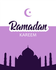 Text Ramadan Kareem and silhouette of Taj Mahal on white and purple background. Festive design for greeting card, banner or poster for Islamic festival Ramadan.