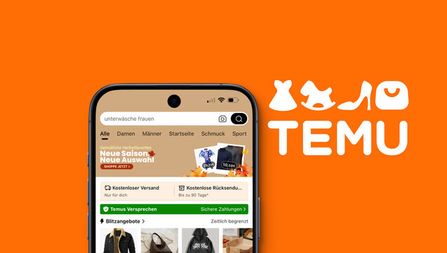 Temu App mit Angeboten wird auf einem modernen Smartphone angezeigt, oranger Hintergrund mit Temu Logo, China, Shopping, E-Commerce, Sparen, Schn&auml;ppchen, shoppen, Discount, billig, Online-Marktplatz