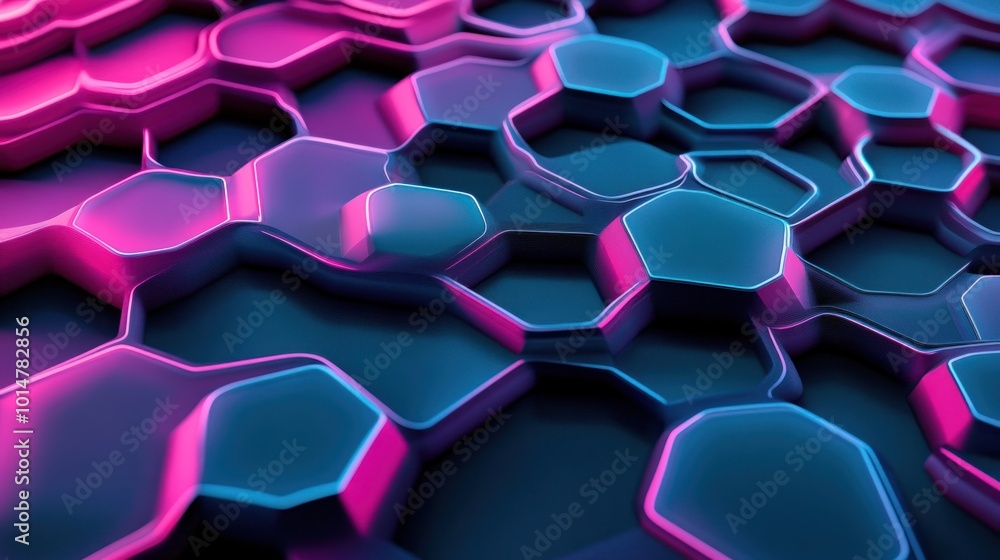 Poster abstract hexagonal pattern with vibrant colors and depth, ideal for backgrounds or digital art.