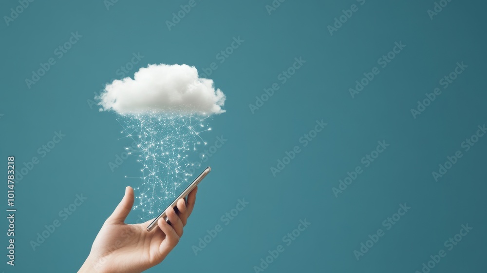 Aufkleber a hand holding a smartphone, seamlessly connecting to a cloud server with data flowing in and out.