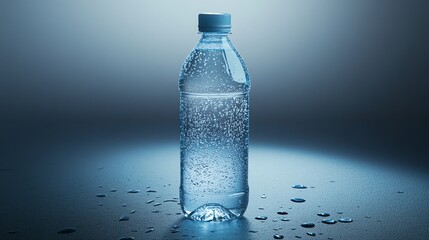 A plastic bottle of water with water droplets on it and the surface around it.
