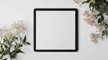 Digital tablet surrounded by decorative flowers isolated on white background minimalistic composition for tech or floral design concept. Generative AI