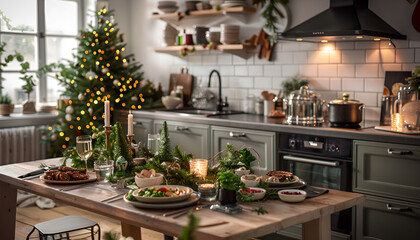 A modern kitchen scene with a completely plant-based christmas meal, featuring a festive table setting, various vegan dishes, and a decorated christmas tree in the background