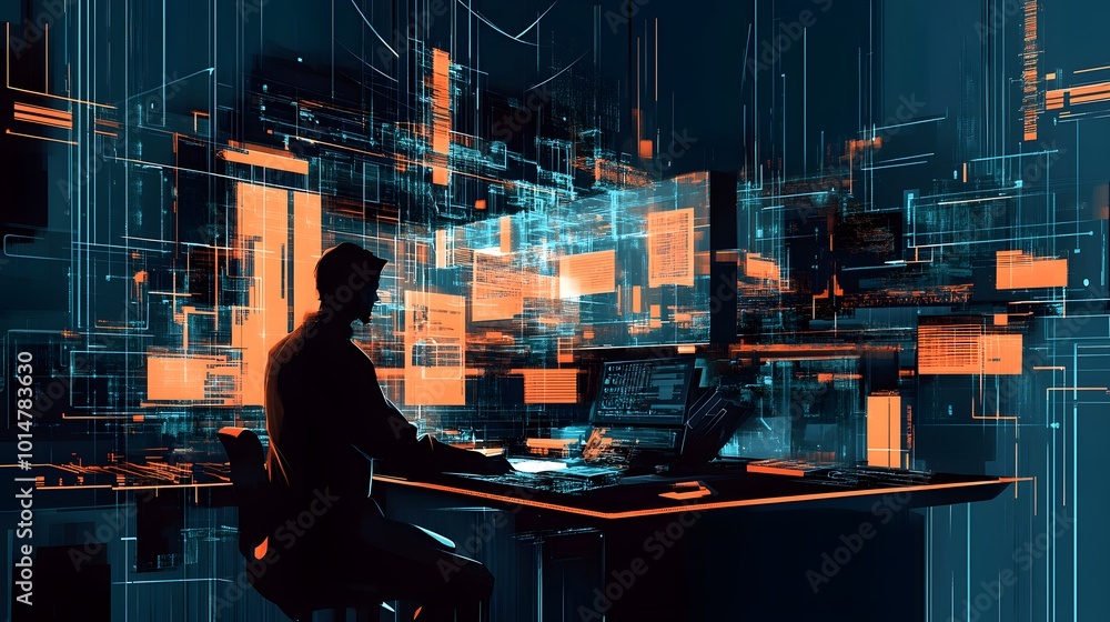Poster a man is sitting at a computer desk with a laptop and a monitor. the room is filled with computer sc