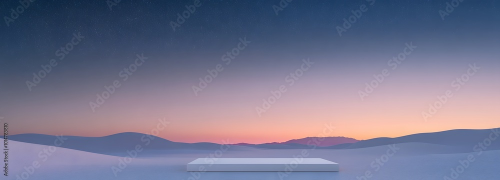 Poster 1. a minimal podium set against a stark desert landscape, under a gradient sky transitioning from de