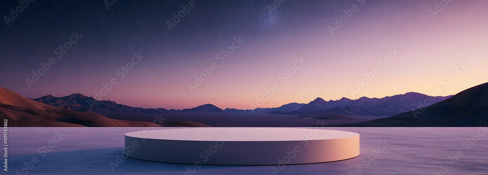 Poster 1. a minimal podium set against a stark desert landscape, under a gradient sky transitioning from de