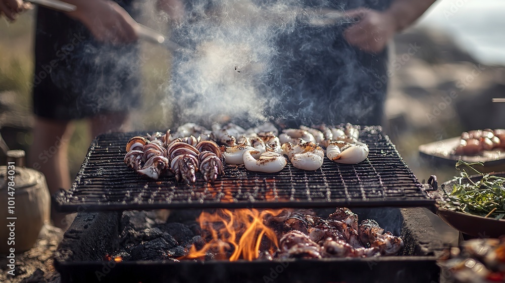 Poster A seafood barbecue party with friends enjoying grilled squid and other dishes outdoors 