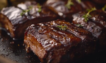 Close up of juicy, grilled pork ribs with a sticky glaze and fresh thyme.