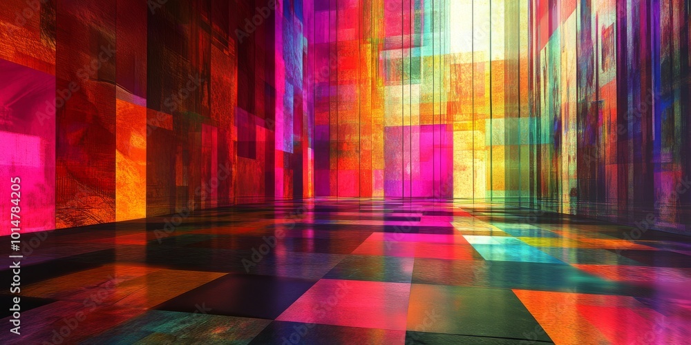 Poster a colorful room with a checkered floor. the room is full of different colors and patterns, creating 