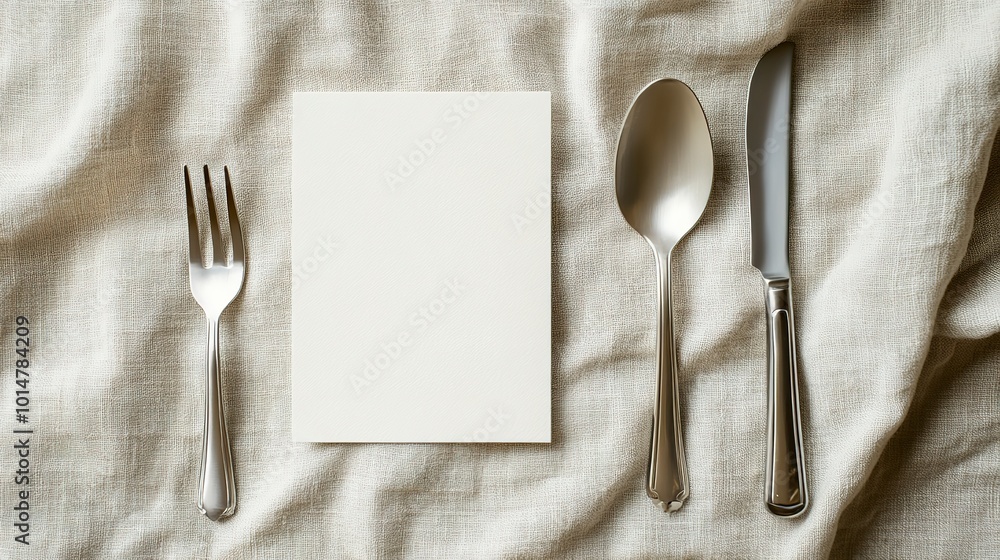 Poster card mockup on table place setting neutral gray color linen tablecloth background top view. space fo