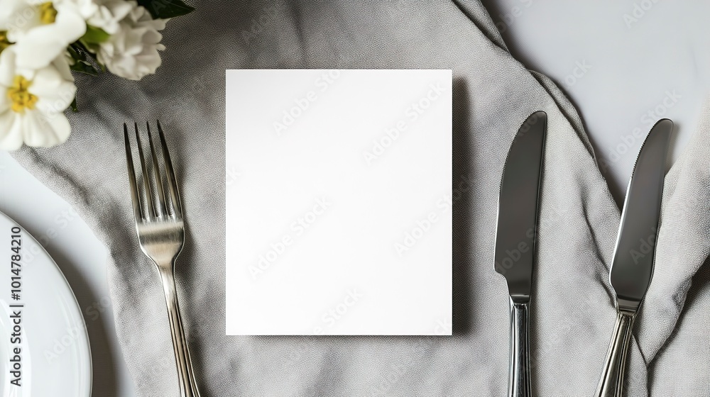 Poster card mockup on table place setting neutral gray color linen tablecloth background top view. space fo