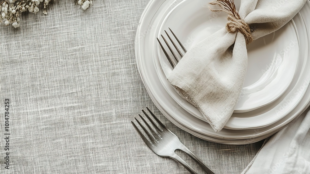 Poster card mockup on table place setting neutral gray color linen tablecloth background top view. space fo
