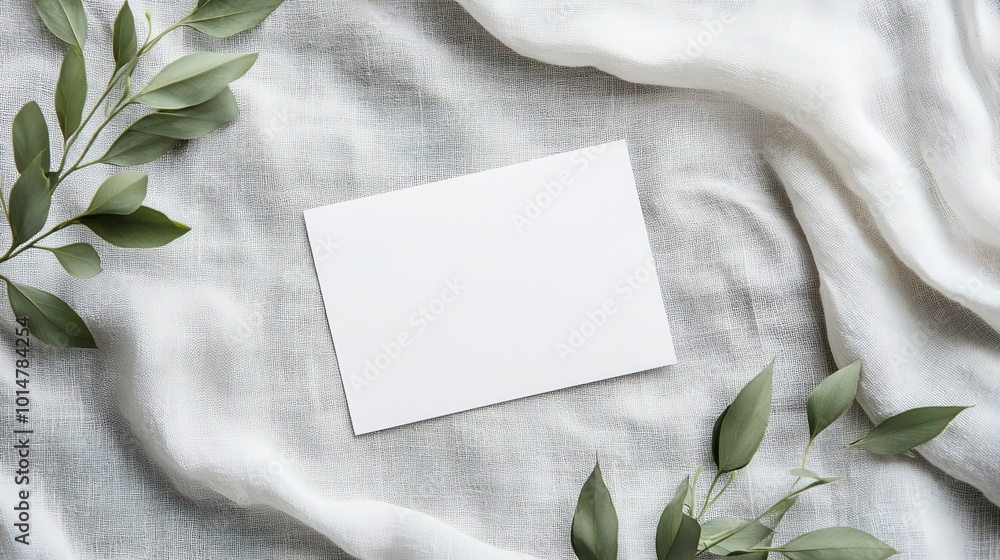 Poster card mockup on table place setting neutral gray color linen tablecloth background top view. space fo