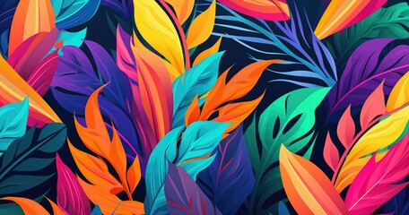 A beautiful vibrant and colorful pattern featuring bold, abstract shapes in various shades of green, orange, pink, blue, yellow, white and purple, and black, reminiscent of tropical flowers like