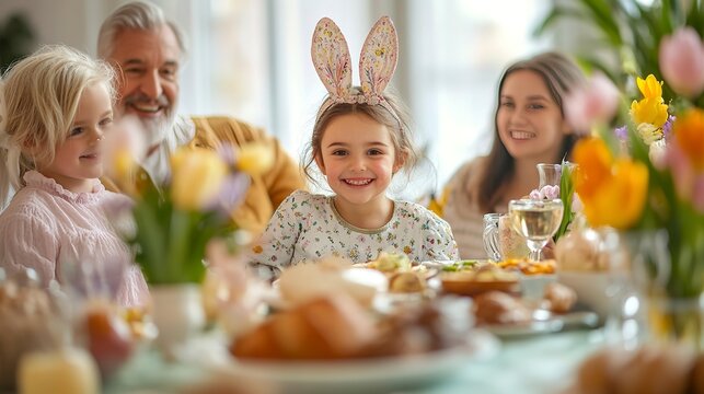 Happy multi generational family having Easter dinner together, table setting with traditional food and spring flowers for Easter celebration  