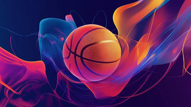 A glowing basketball surrounded by colorful abstract shapes. v2