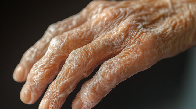 Detailed Close-Up of Scleroderma Condition on Human Hand, Emphasizing Thickened and Tight Skin