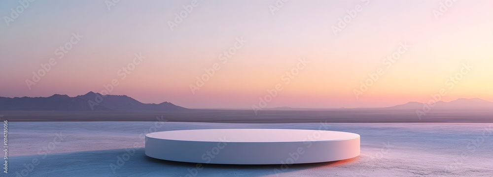 Poster 3. a striking minimal podium positioned in a desolate desert, beneath a captivating gradient sky, of