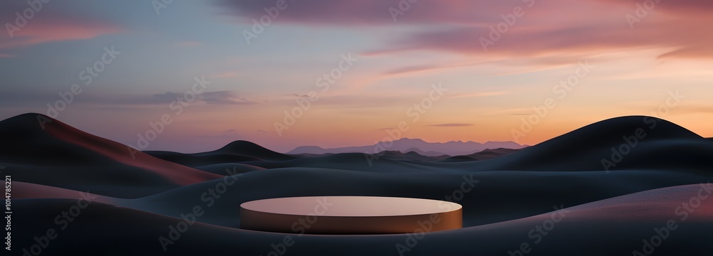 Poster 4. a serene 3d render of a simple podium in a dark desert setting, framed by a beautiful gradient sk